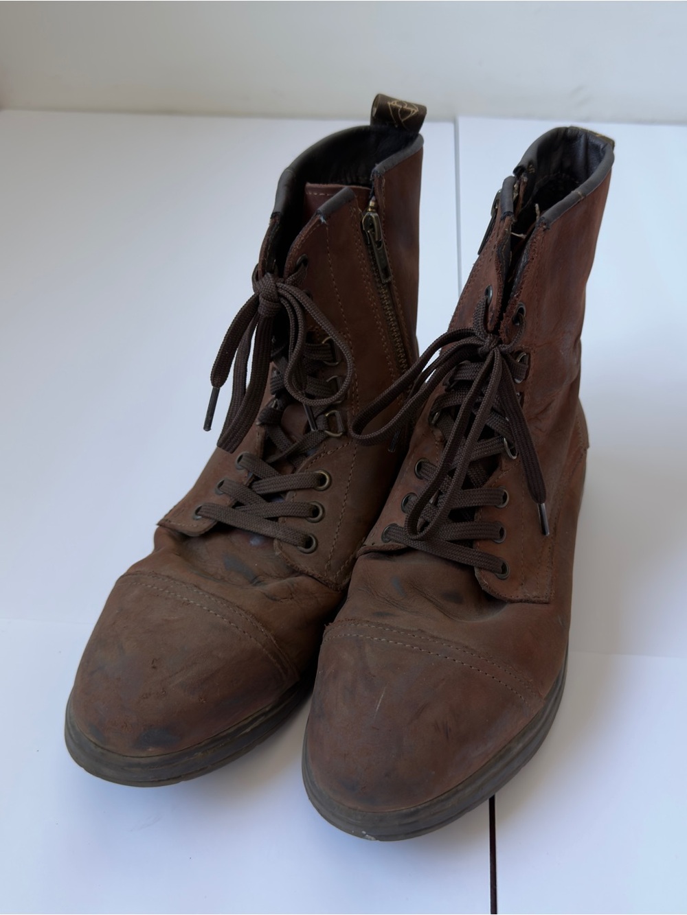 Women's Xena Brown Leather Combat Boots‎ with Side Zipper